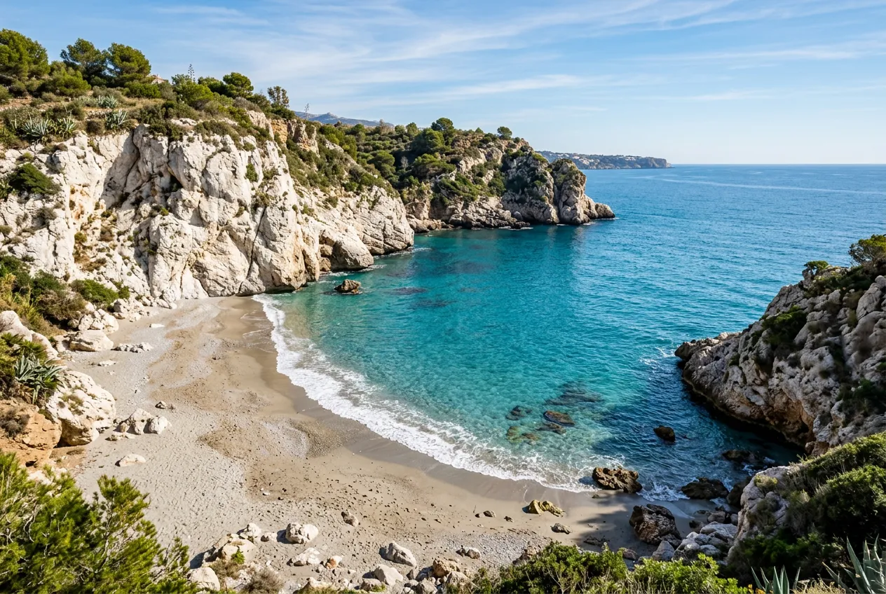Scenic rocky beach cove in Maro with white cliffs, Mediterranean sea, empty sandy beach