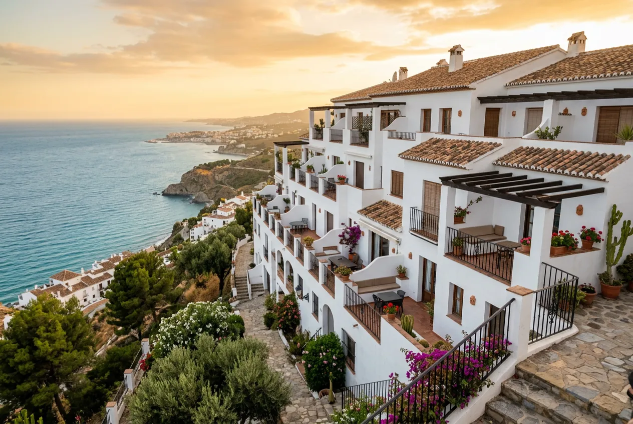 Whitewashed apartment building exterior with terraces overlooking Mediterranean coast, traditional Spanish architecture, golden evening light
