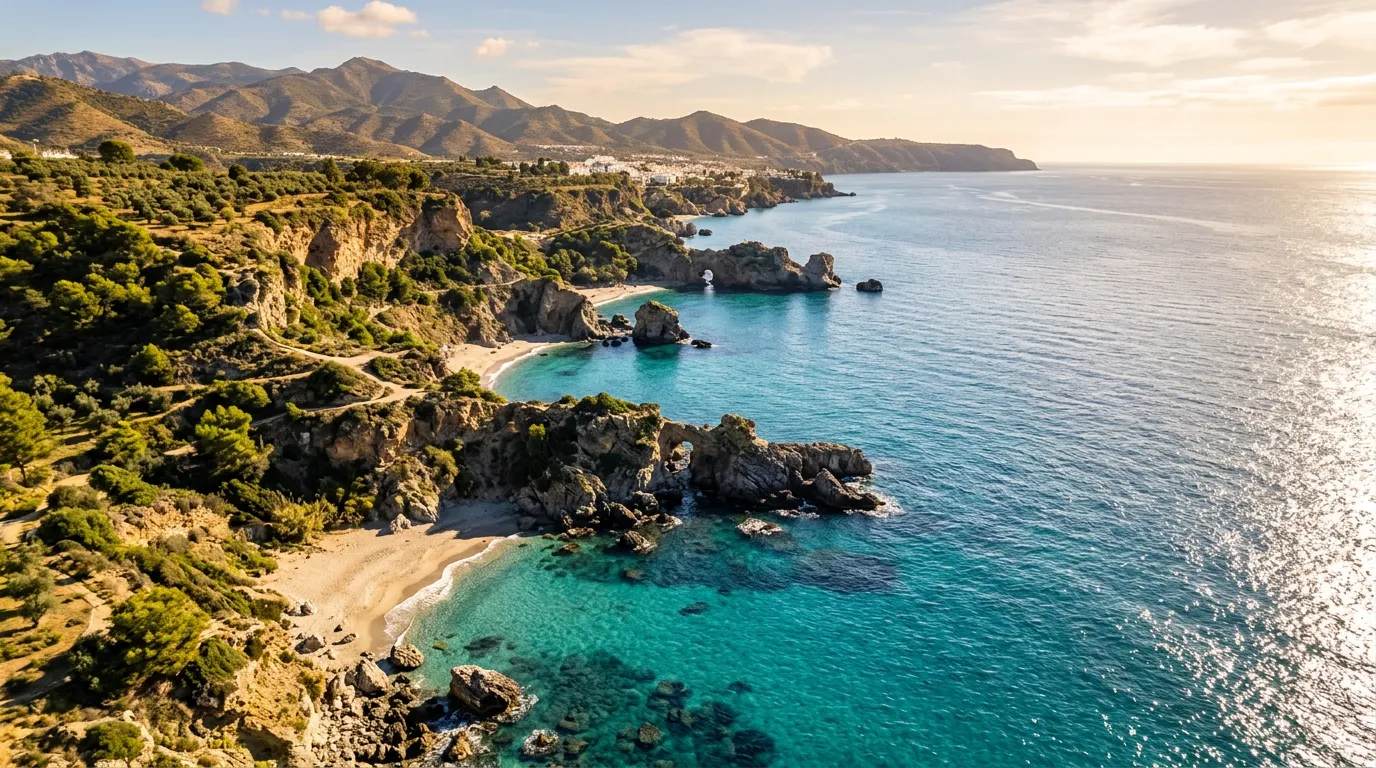 Aerial view of Mediterranean coastline with rocky coves and crystal clear turquoise water near Nerja Spain, golden hour light