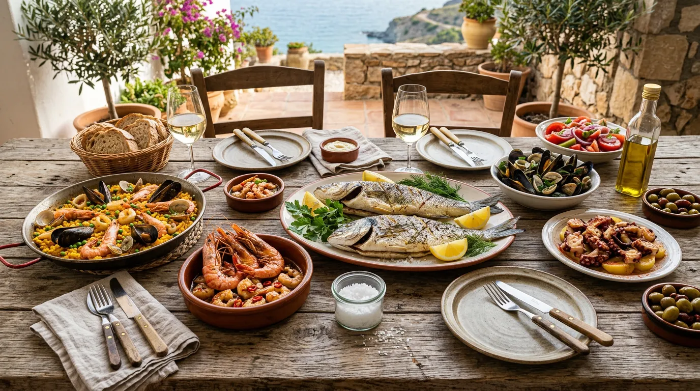 Fresh Mediterranean seafood spread with fish, shrimp, and local produce on wooden table, traditional Spanish food styling
