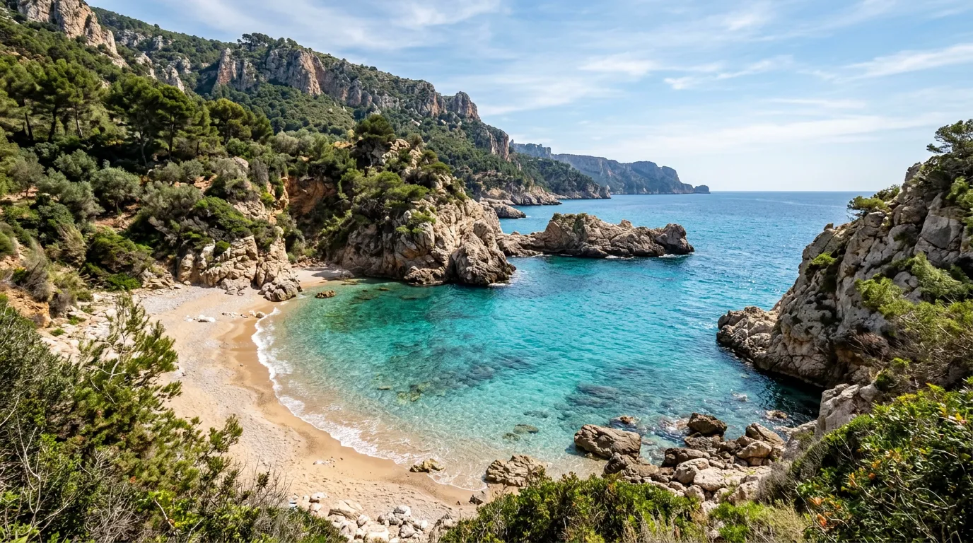 Hidden beach cove with turquoise water and rocky outcrops, Mediterranean landscape, pristine natural setting
